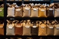 Bulk bags of legumes in natural food store, zero waste store