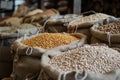 Bulk bags of legumes in natural food store, zero waste store