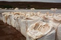 Bulk bags of salt on the salinas. Pedra de Lume. Sal island. Cape Verde Royalty Free Stock Photo