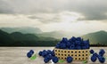 Bulk blueberries in bamboo baskets. Dark blueberry, fresh color, white pattern Falling on a wooden table There are mountain