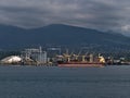 Bulk carrier DL Lavender mooring at port in Vancouver North for loading in front of industrial area with tanks and crane. Royalty Free Stock Photo