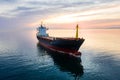 Bulk carrier ship at anchor in orange sunset, aerial view. Colored sky Royalty Free Stock Photo