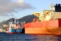 Bow view of bulk carrier ship Leonid Loza anchored in Algeciras bay in Spain. Royalty Free Stock Photo
