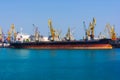 Bulk carrier ship in the port on loading. Bulk cargo ship under port crane bridge. Royalty Free Stock Photo