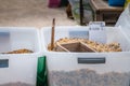 Bulk cereal bin on a street market in Portugal