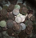 Bulk of german coins from topview on black background