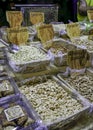 Bulk nuts stall in the market Royalty Free Stock Photo