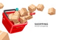 bulk parcel boxes or cardboard boxes and pins,buy icon,order confirmation icon Floating out red shopping basket