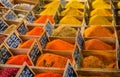 Bulk spices, curry, garam masala at a provencal market hall in Antibes, France Royalty Free Stock Photo