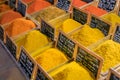 Bulk spices, curry, garam masala at a provencal market hall in Antibes, France Royalty Free Stock Photo