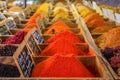 Bulk spices, curry and paprika at a provencal market hall in Antibes, France