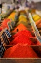 Bulk spices, curry and paprika at a provencal market hall in Antibes, France