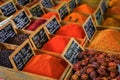 Bulk spices, paprika, habanero, curry at a provencal market in Antibes, France