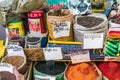 Bulk spices for sale at the Panjshanbe Bazaar in Khujand