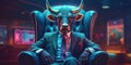 Bull as a businessman, crypto currency concept. Generative AI Royalty Free Stock Photo