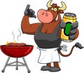 Bull Bbq Chef Cartoon Mascot Character Grilling Sausages Holding A Beer Can