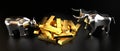 Bull and bear, gold ingots - market/ finance/ stock concept