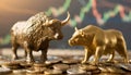 Bull and Bear Statues on a Pile of Coins With Stock Market Graph in the Background. Generative AI Royalty Free Stock Photo