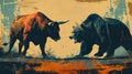 Bull and Bear in Stylized Market Battle. Illustration created with Generative AI