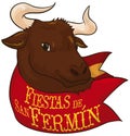 Bull behind Red Handkerchief Celebrating Spanish Festival of San Fermin, Vector Illustration