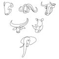 Bull, buffalo, rhinoceros and elephant continuous line set. One line animal logo collection