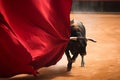 Bull in bullfight arena with large red cloth