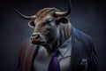 bull in a business suit,head of a bull with horns in an expensive business suit, angry boss, businessman angry bull, Generative AI