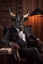 A bull in a business suit sits in a chair