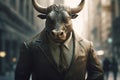 Bull business suit street. Generate Ai
