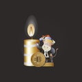 Bull businessman demonstrates the growth of bitcoins. Christmas candle.