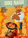 Bull Chef Cartoon Mascot Character grilling Barbecue. Summer Barbecue weekend flyer.