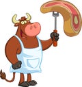 Bull Chef Cartoon Mascot Character Holding A Raw Steak On BBQ Fork