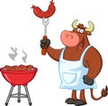 Bull Chef Cartoon Mascot Character Holding Sausage On Fork By A Barbecue.