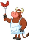 Bull Chef Cartoon Mascot Character Holding Sausage On Fork.