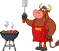 Bull Chef Cartoon Mascot Character Holding Slotted Spatula By A Barbecue.