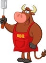 Bull Chef Cartoon Mascot Character Holding Slotted Spatula.