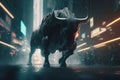 Bull in the city at night. Generative AI