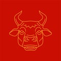 Bull cow head horned cattle Chinese New Year monochrome golden line icon vector illustration