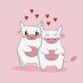 Bull and cow love , cute bull in kawaii style, cartoon style ,favorite couple ,Valentine`s day,love card Wallpaper Royalty Free Stock Photo