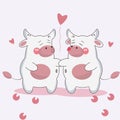 Bull and cow love , cute bull in kawaii style, cartoon style ,favorite couple ,Valentine`s day,love card Wallpaper,a Royalty Free Stock Photo