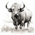 Aggressive Digital Illustration Of A Buffalo In Black And White