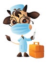 Bull doctor veterinarian syringe vaccinated against coronavirus covid-19. Doctor in robe and mask