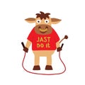 Bull doing a workout with jumping rope, lettering just do it on t-shirt, symbol 2021 year, raster illustration isolated