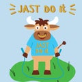 Bull doing a workout with jumping rope outdoors,  lettering just do it, symbol 2021 year, raster Royalty Free Stock Photo