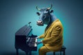 a bull dressed as a jazzman playing pianino, created with Generative AI technology