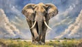 Bull elephant coming to camera,digital oil painting