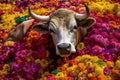 Bull flowers colorful sitting. Generate Ai