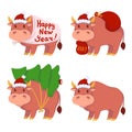 Bull with gifts, carries the Christmas tree. Year of the ox. Happy Cows set. New year and merry christmas vector illustration.