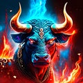 Bull head with fire flames on dark background. Vector illustration for your design generative AI Royalty Free Stock Photo