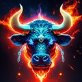 Bull head with fire flames on dark background. Vector illustration for your design Generative AI Royalty Free Stock Photo